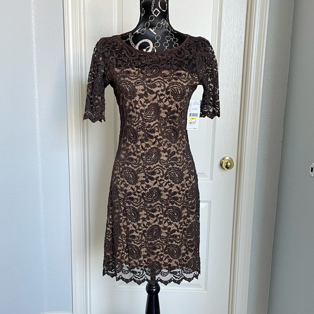 Karen Kane brown lace scallop dress
